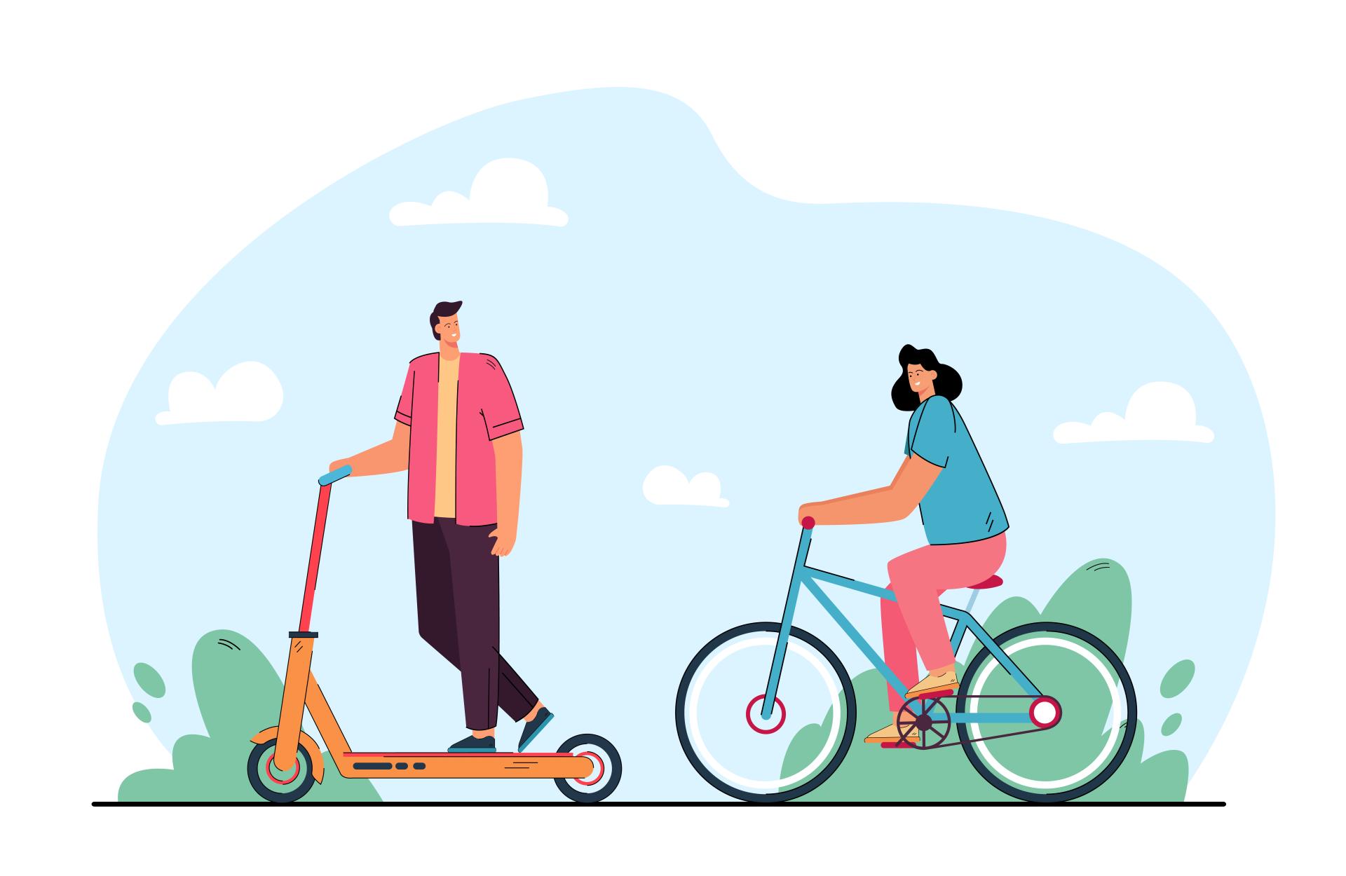 homme en trottinette et femme en vélo